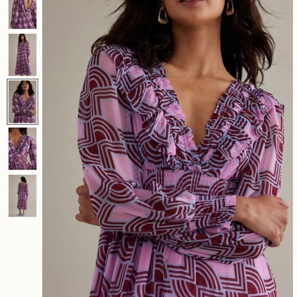 NEW Anthropologie Ruffle V-Neck Long-Sleeve Midi Dress X SMALL - Picture 9 of 11